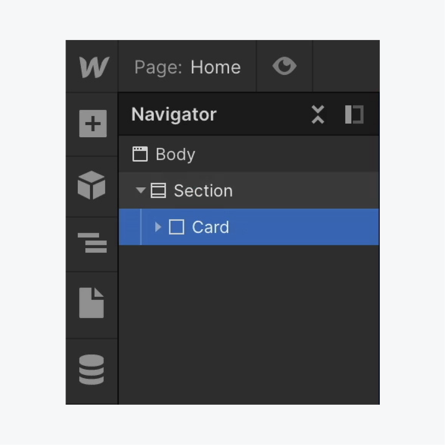 A “Card” Div block is selected in the Webflow Navigator. 