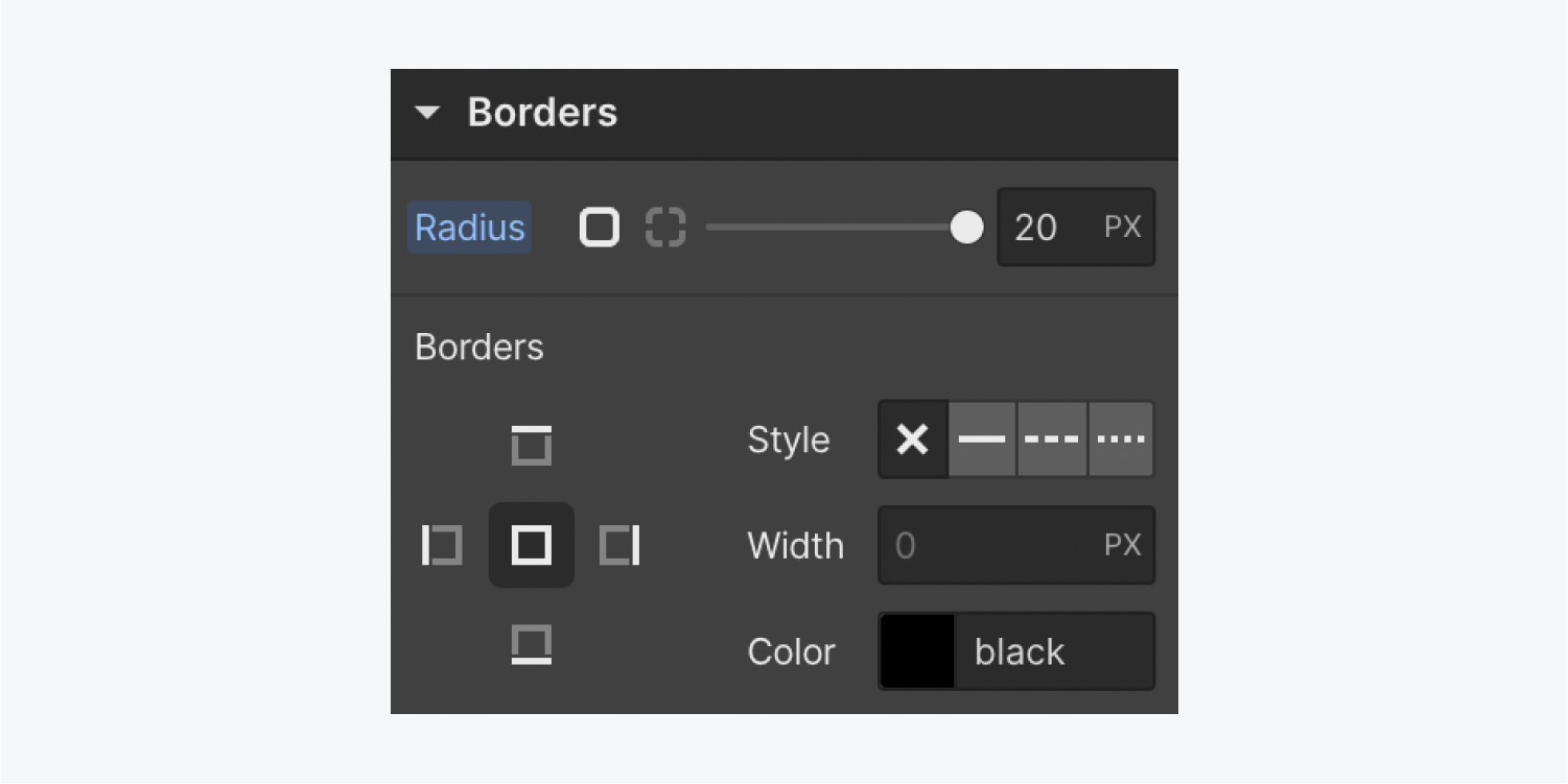 An example radius of 20 pixels is set in the Borders section of the Style panel.