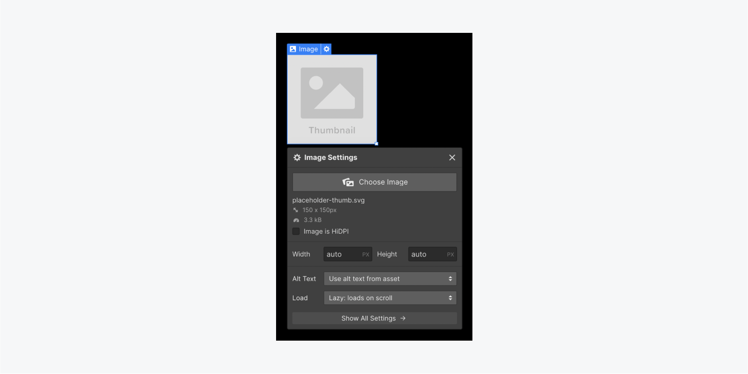 The Image settings for the lightbox placeholder.