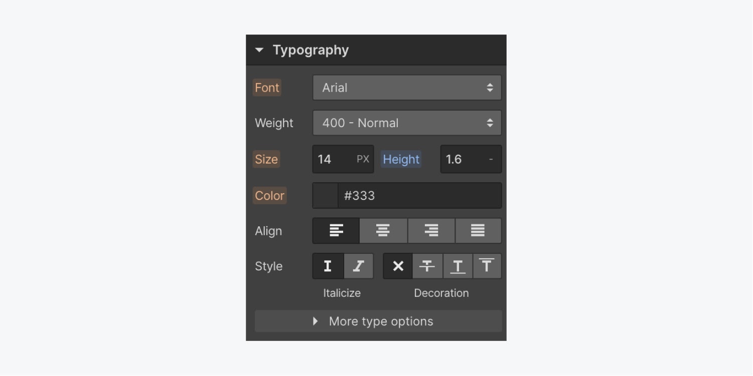 The Typography section of the Style panel shows that the text line height is set to a value of 1.6 unitless.