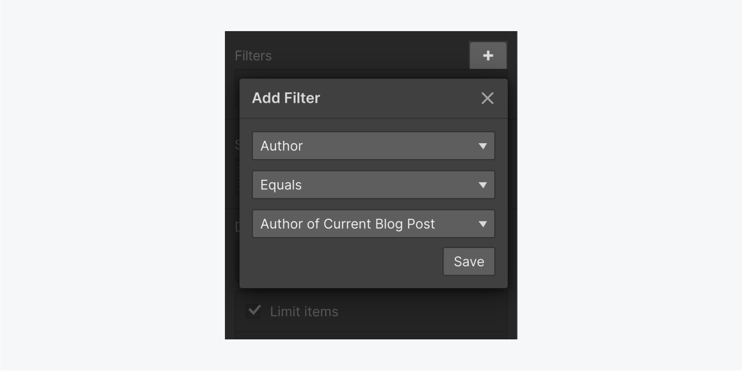 The Add Filter panel includes a Author Equals Author of Current Blog Post setting in the three fields. There is also an x close button and a save button.