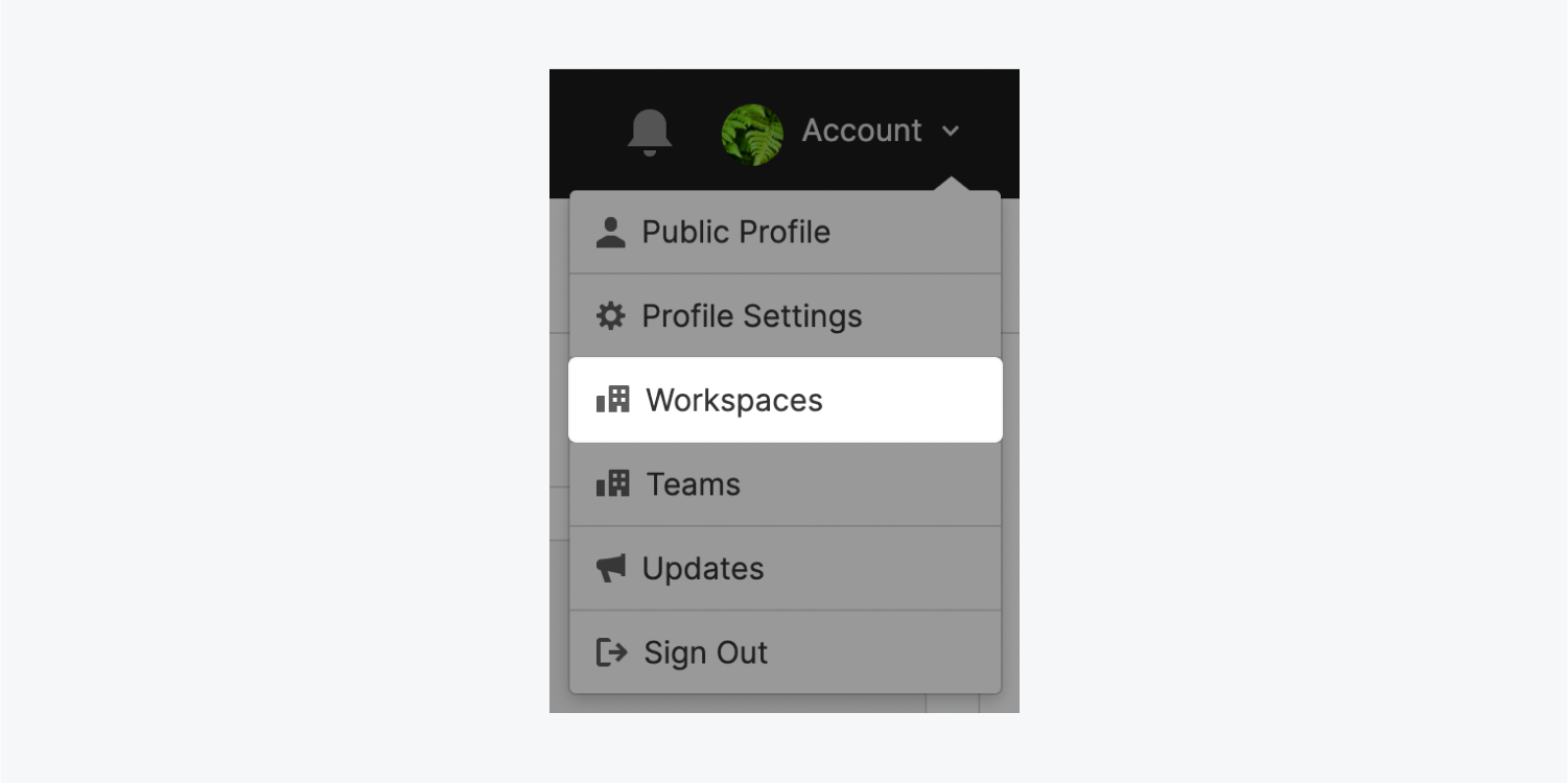 The Workspaces option is highlighted in the Account dropdown.