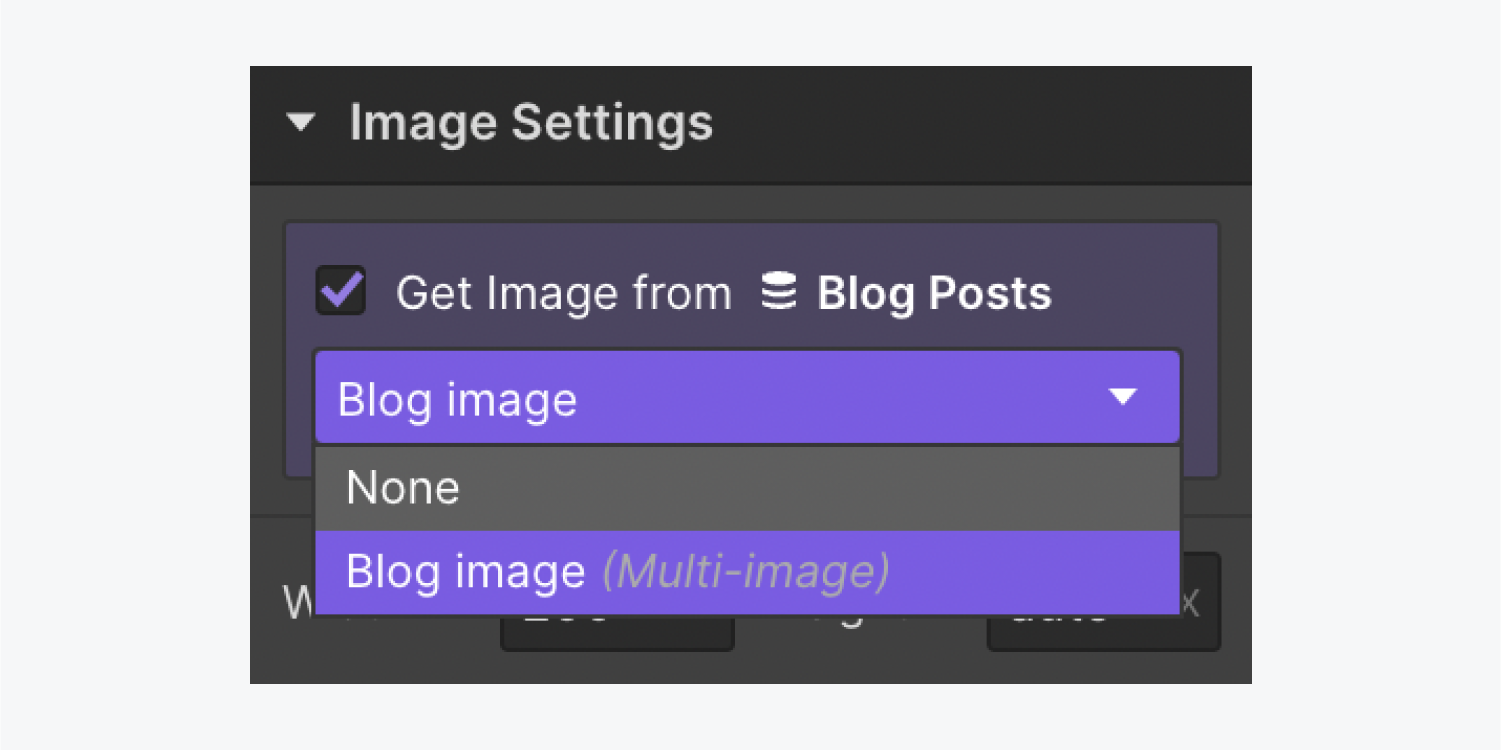 The “Get Image from Blog posts” checkbox is checked in Image settings and a “Blog image” Multi-image Collection field is highlighted in the dropdown.