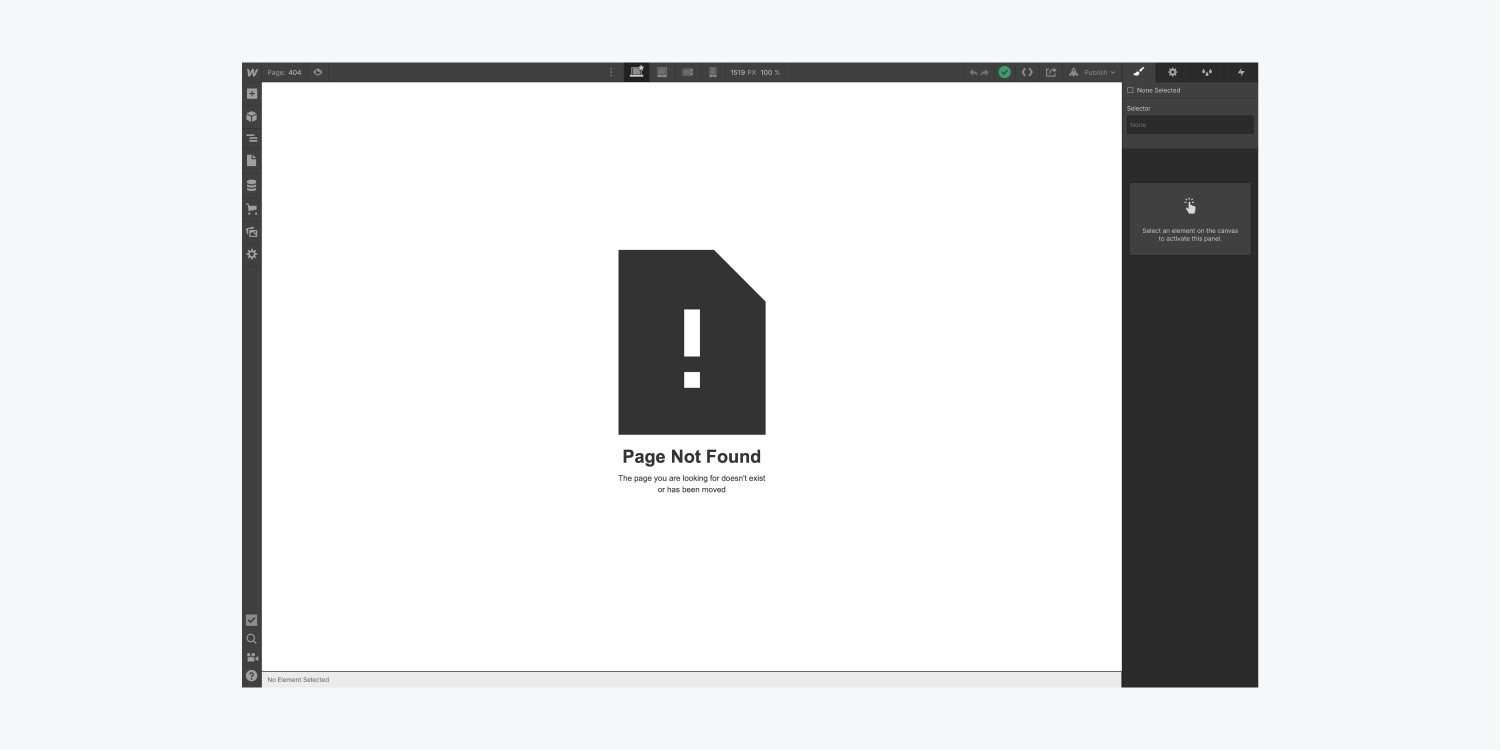 The default 404 page of any new project includes a large file exclamation point icon, a text block with text "Page Not Found" and a message for the user. 