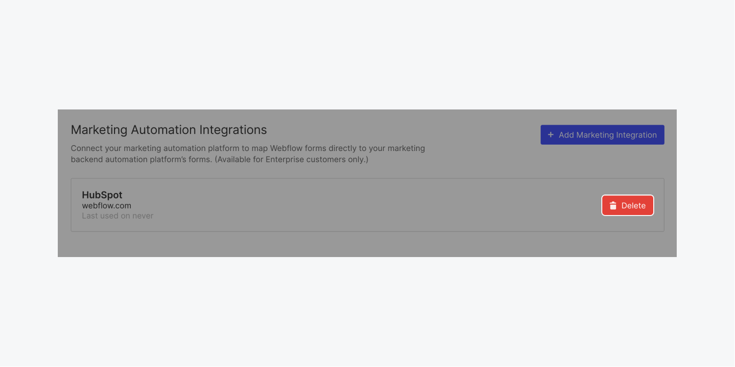 A “Delete” button is highlighted in the Marketing automation integrations section in Webflow to illustrate how to delete a HubSpot integration. 