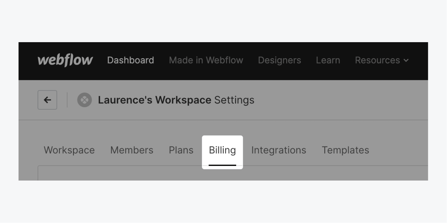 The Billing tab is highlighted in Workspace settings.