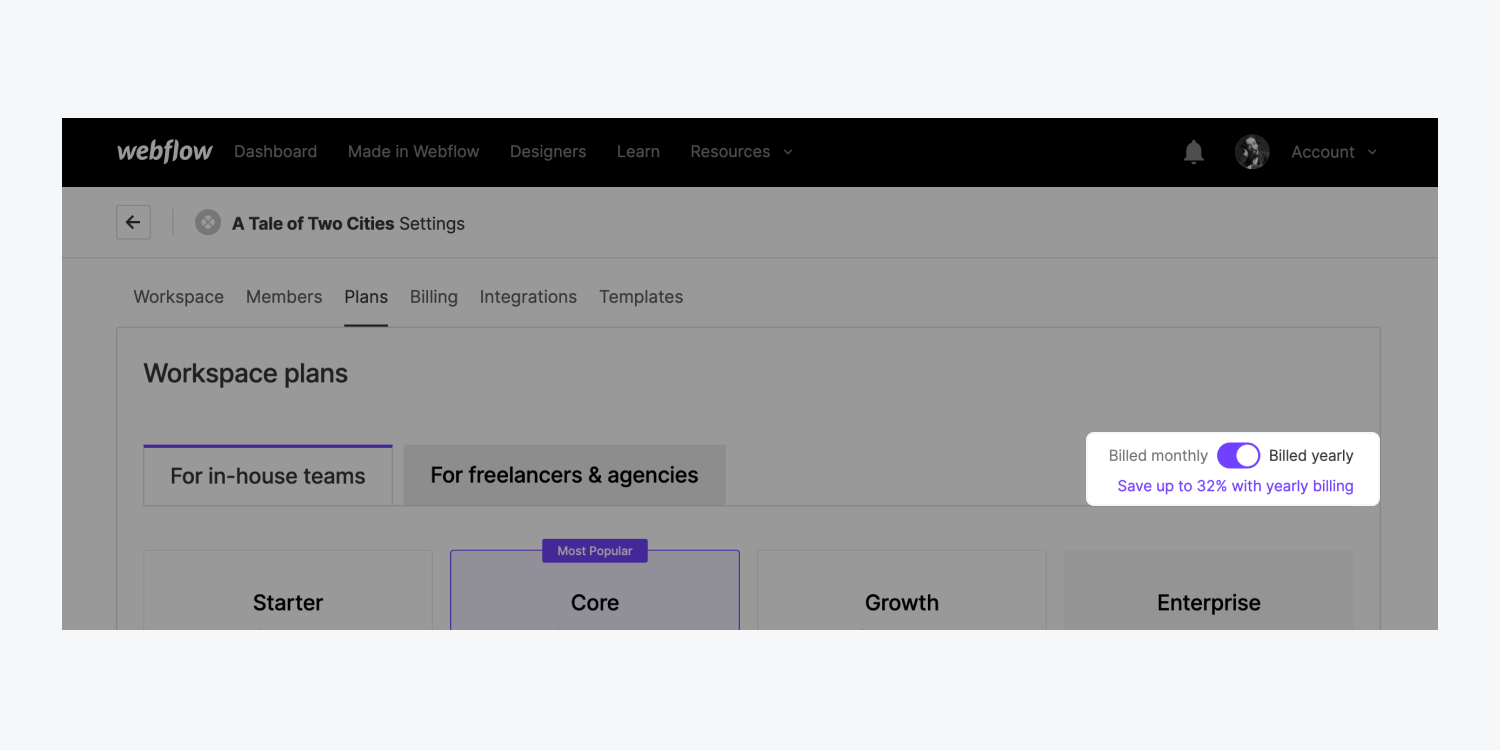 The billing frequency toggle is highlighted next to Workspace plan options.