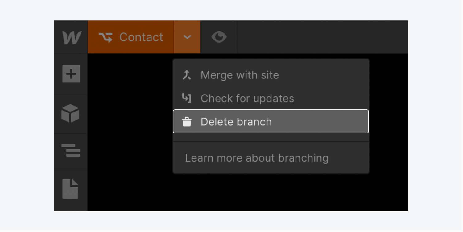 The “Delete branch” option is highlighted in the page branch dropdown.