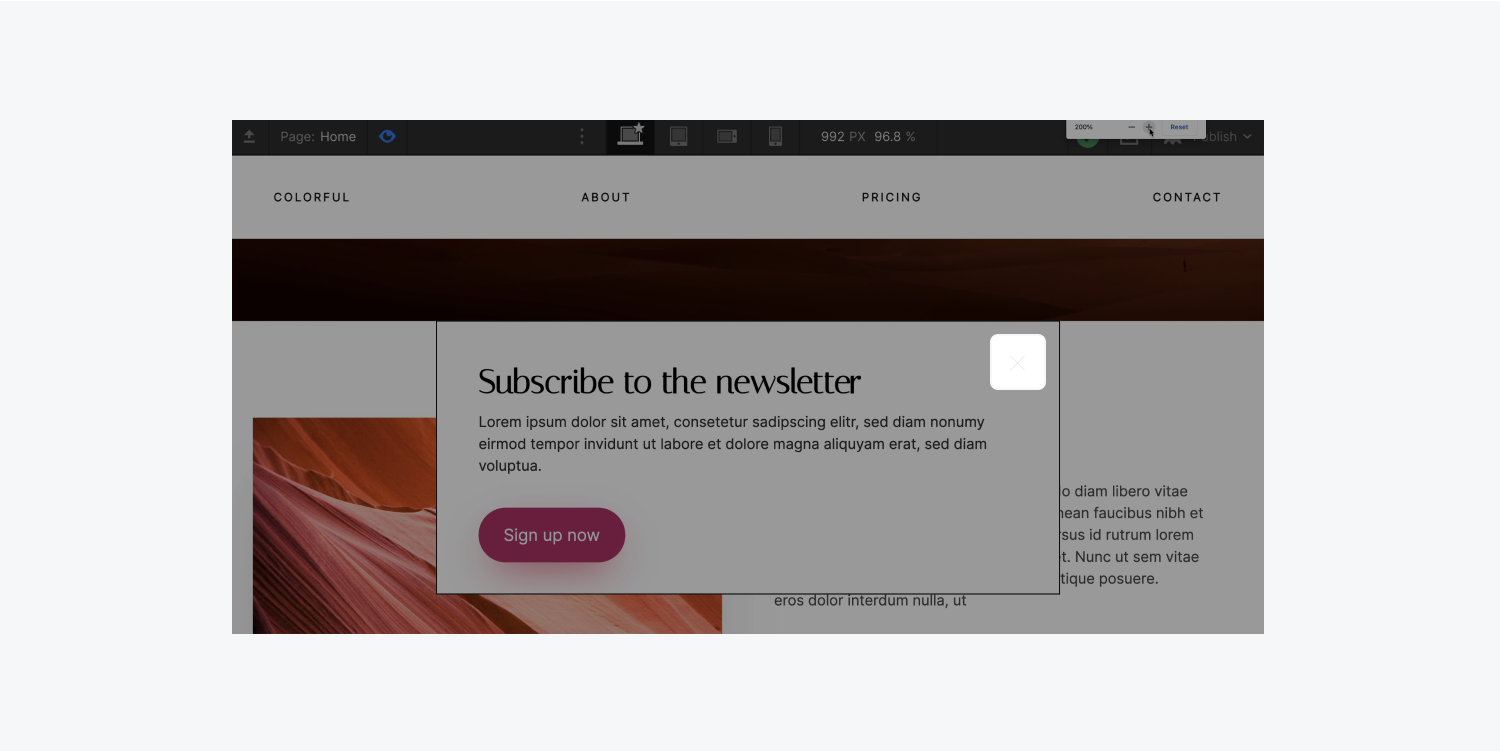 A newsletter subscription call-to-action modal is highlighted with Blurred vision turned off. The tiny “x” button to close the modal is very light and difficult to see. 