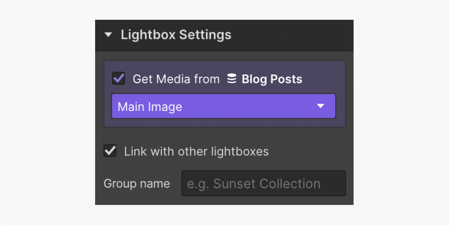 The “Get Media from Blog posts” checkbox is checked in Lightbox settings and a “Main image” Collection field is chosen in the dropdown.