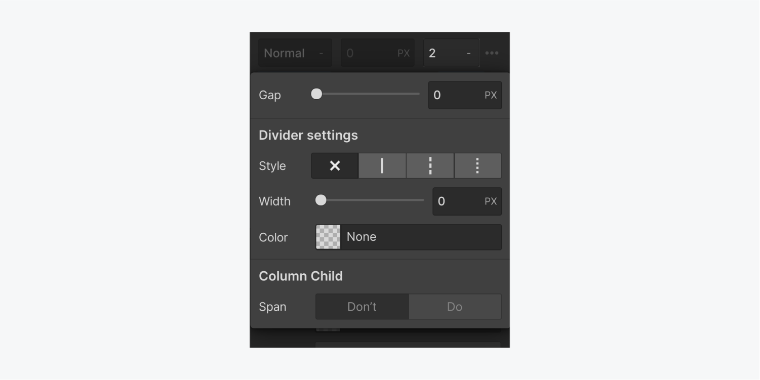 The Text column properties panel is open displaying settings for the Gap, Divider settings and for Column child. 