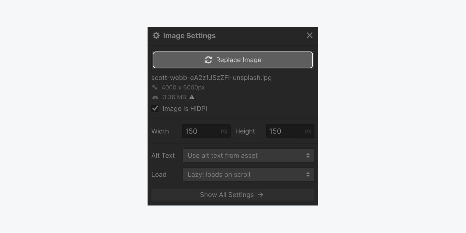 The replace image button is highlighted on the Image settings panel.