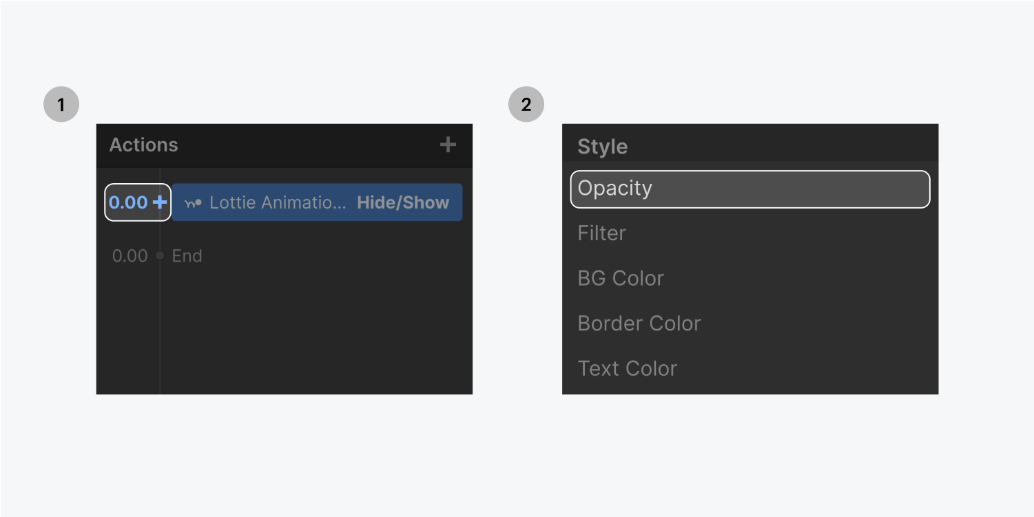 Step one on the left, select the 0.00 time code. Step two on the right, select the Opacity action from the dropdown menu.