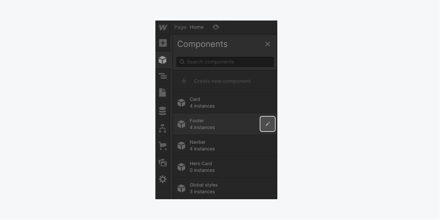 The pencil icon is highlighted in the Components panel next to a component name.