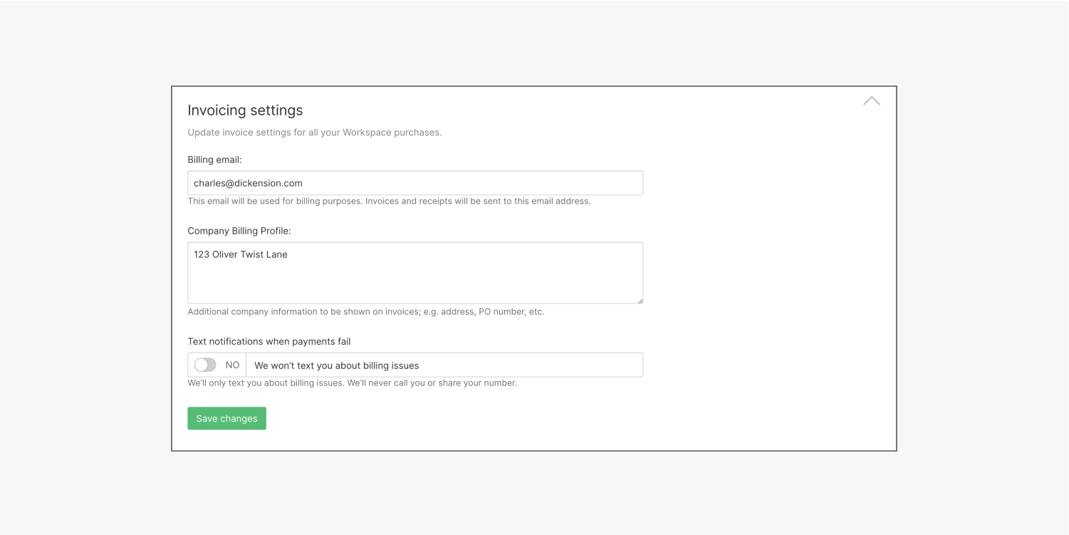 The invoicing settings section is shown in the Billing tab of a Workspace’s settings.