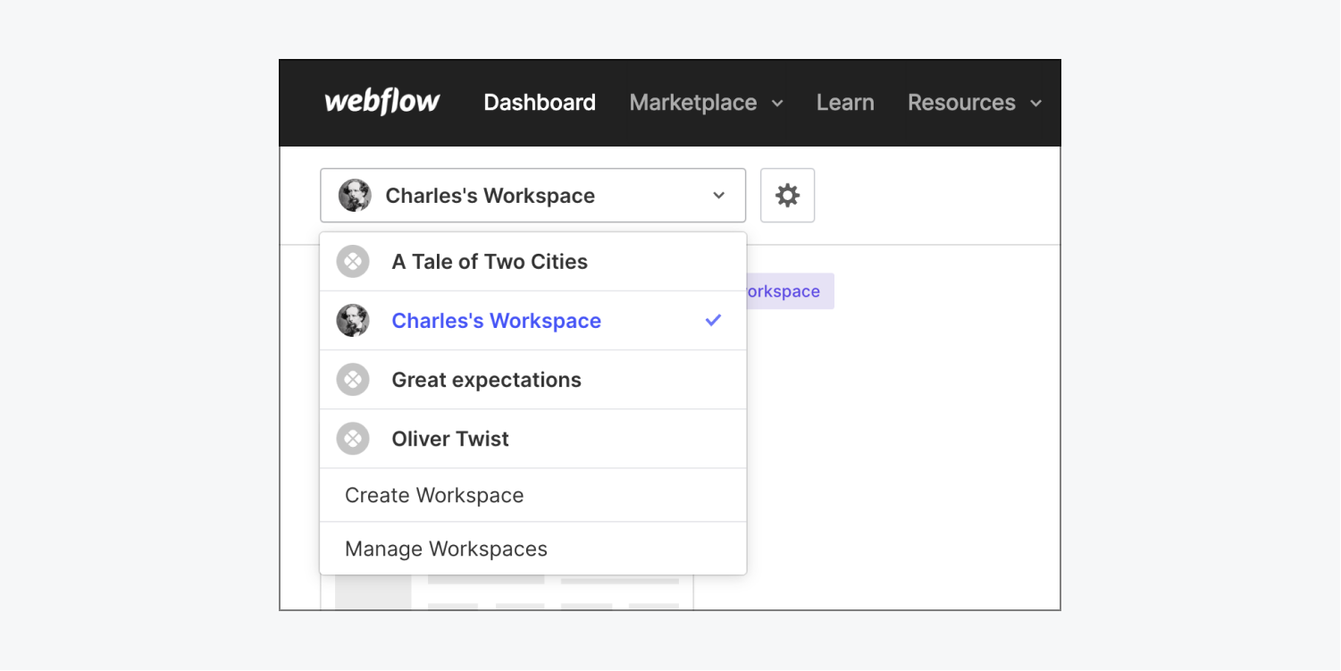 The Workspace dropdown menu is open and shows 4 different Workspaces to choose from.