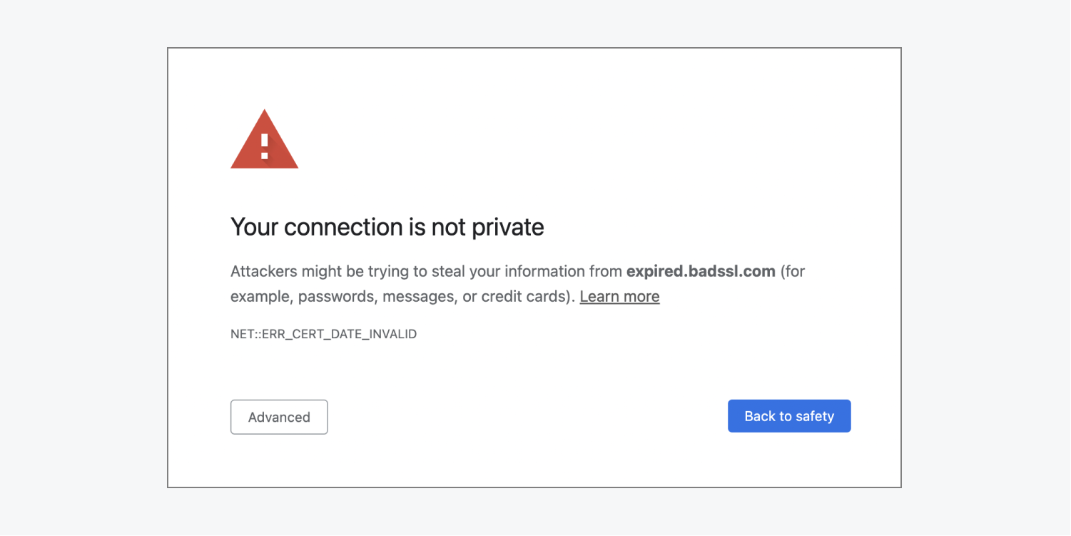 The “Your connection is not private” browser error message on Chrome.