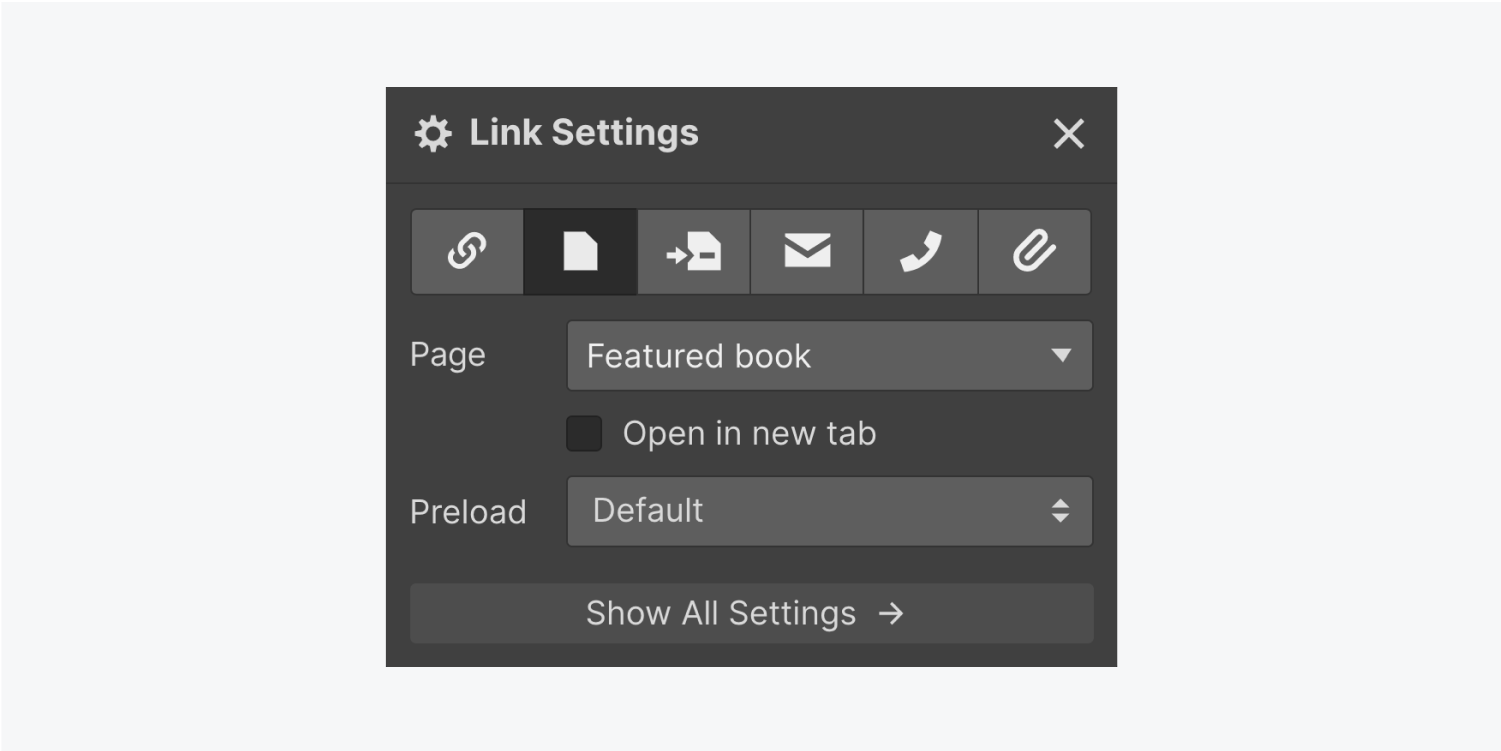 The Link settings panel displays six link button types, a dropdown for Page, a check box for "open in new tab", a dropdown menu for Preload and a show all settings button. The Page link button is selected.