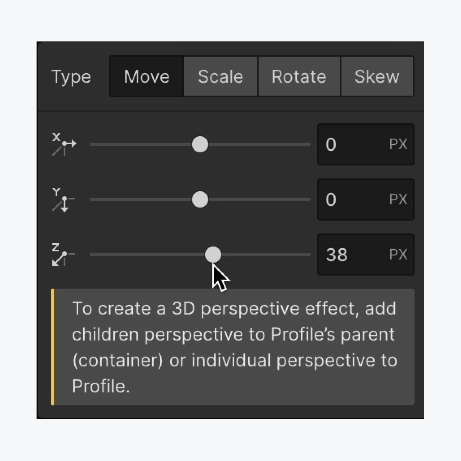 A 38 pixel move is set on the Z-axis of the “Profile” Div block. 