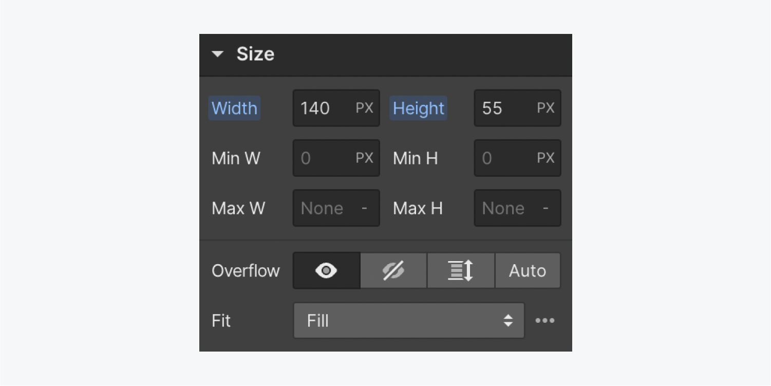 The Size section in the Style panel. An example width and height are set in pixels.