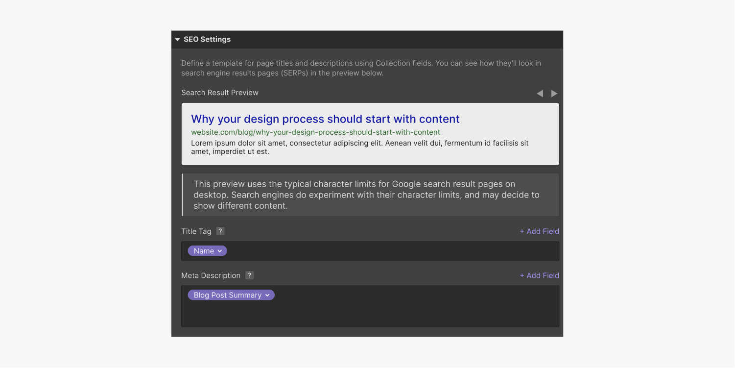 The SEO settings panel displays a search result preview, a title tag with a Name field added and a meta description input field with a blog post summary field.