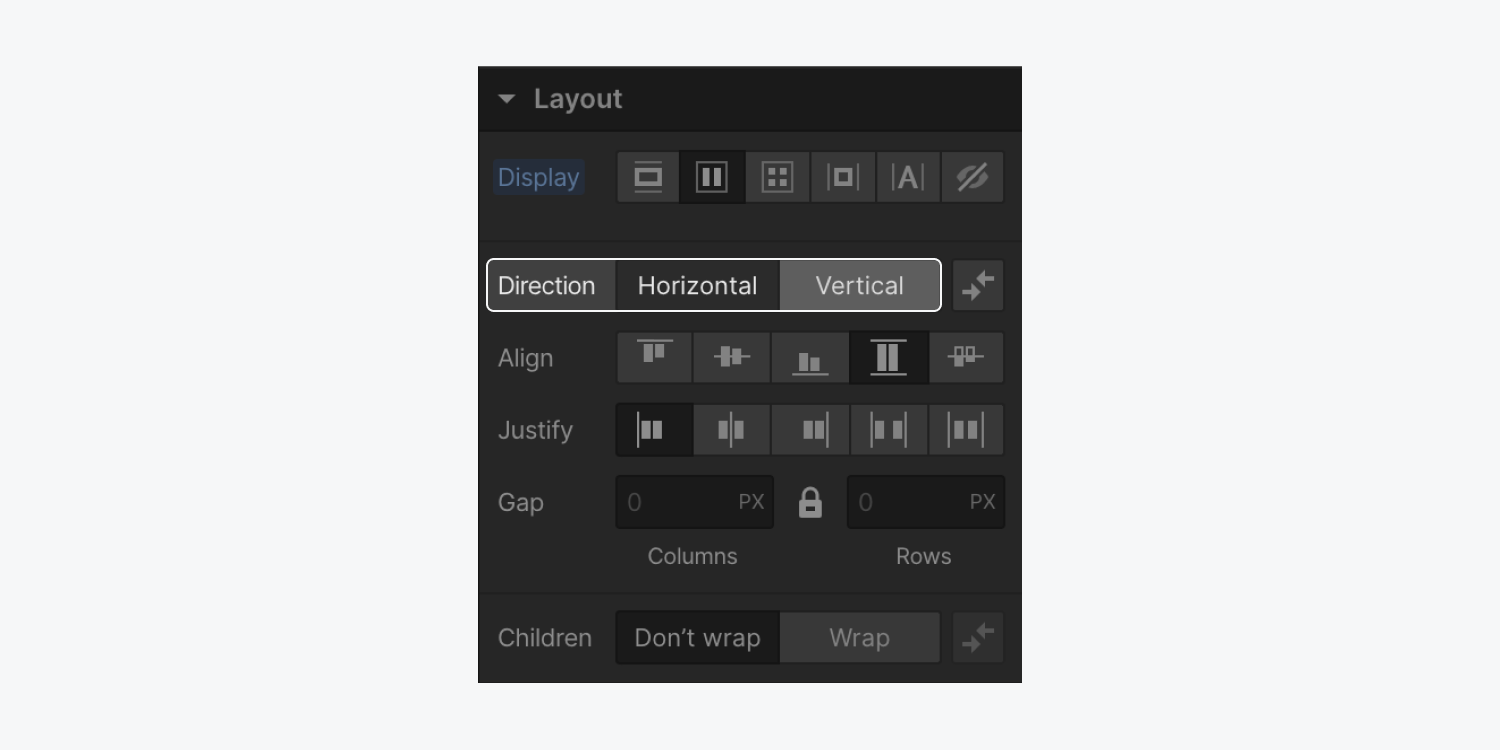 The flexbox direction option is highlighted in the Layout section of the Style panel.