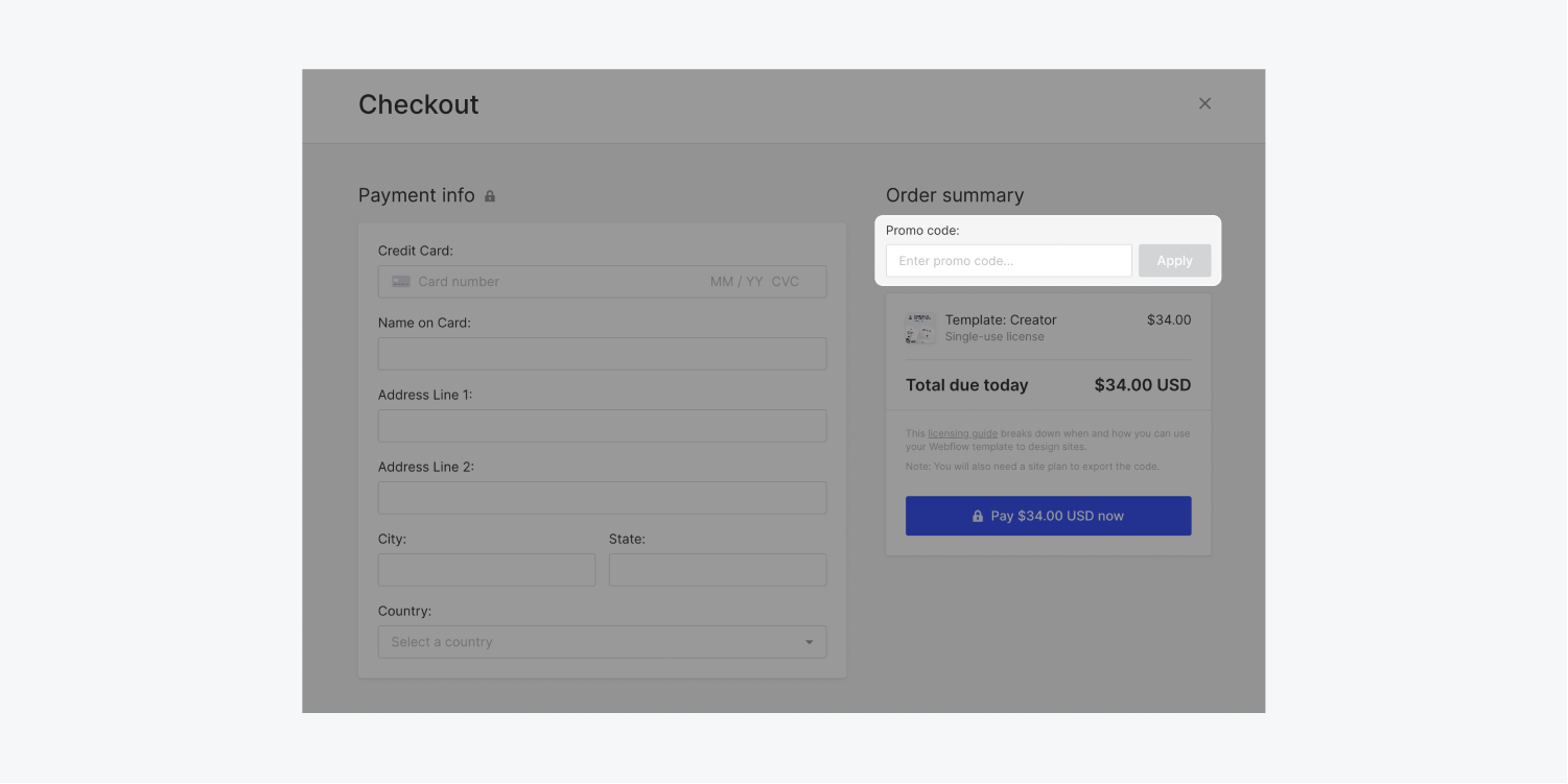 The “Promo code” field is highlighted in the Checkout modal window.