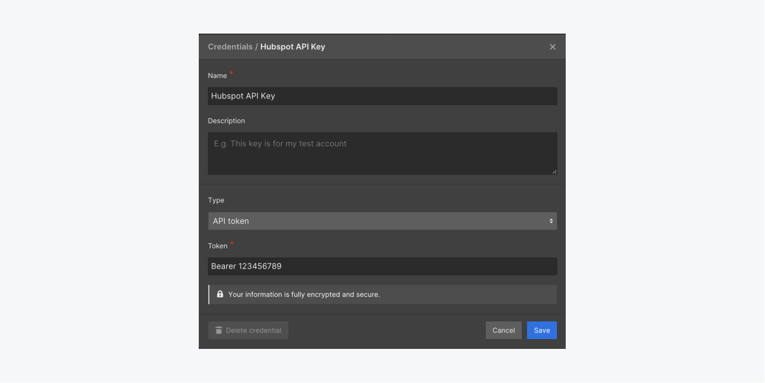 The “New credential” modal window displays fields for the name, description, type, and value of an API credential.