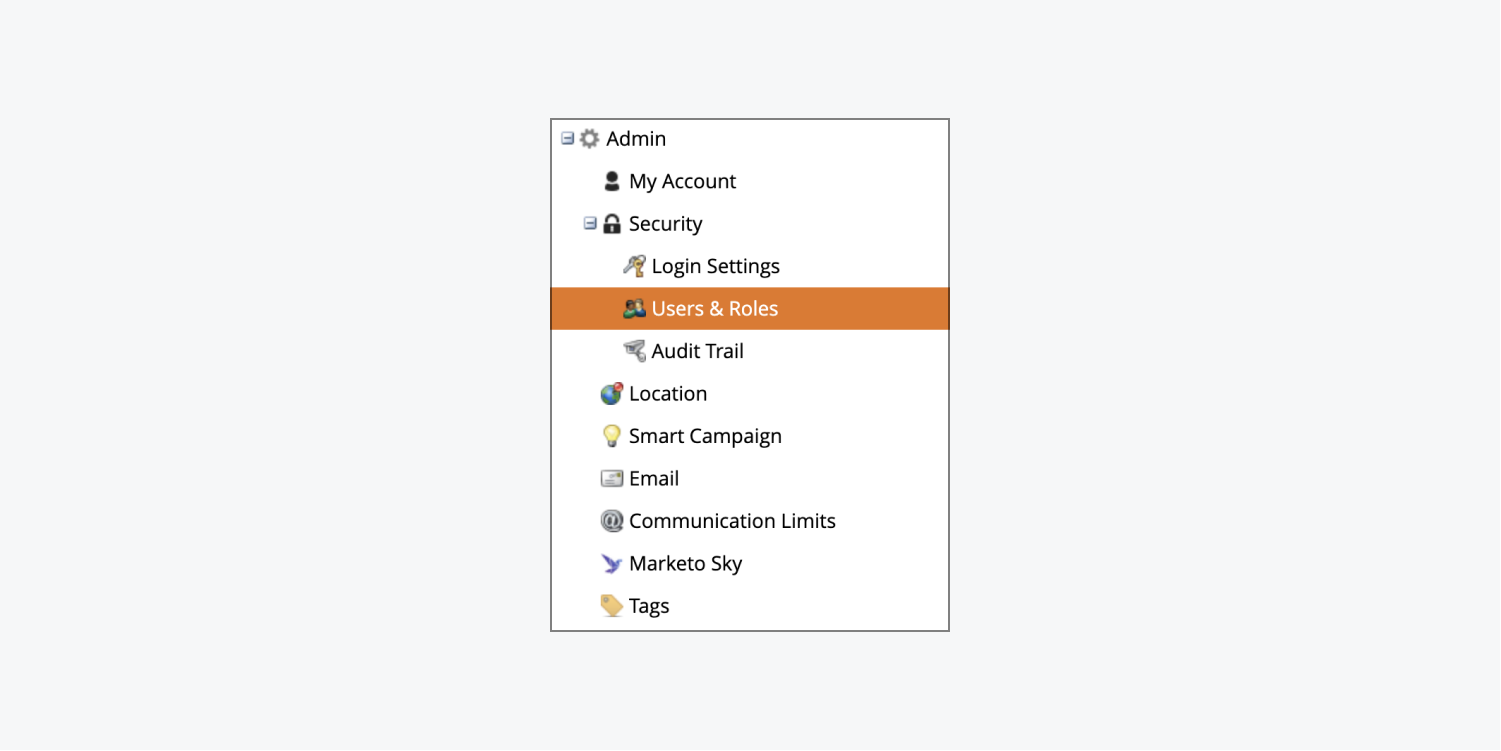 Marketo’s “Users & Roles” section is highlighted under its Security settings.