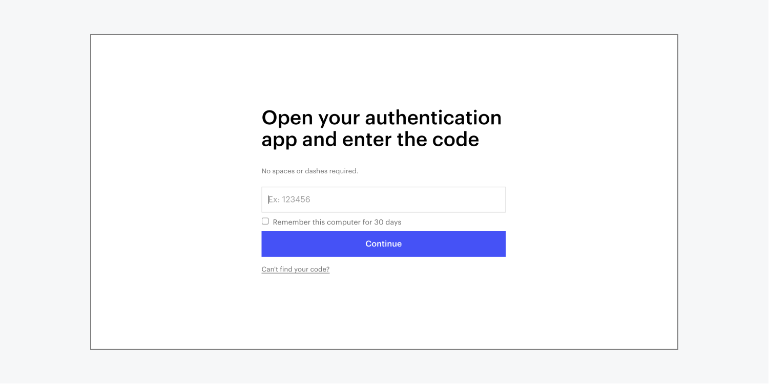 The authentication code entry field which appears after logging in once two-factor authentication is enabled.