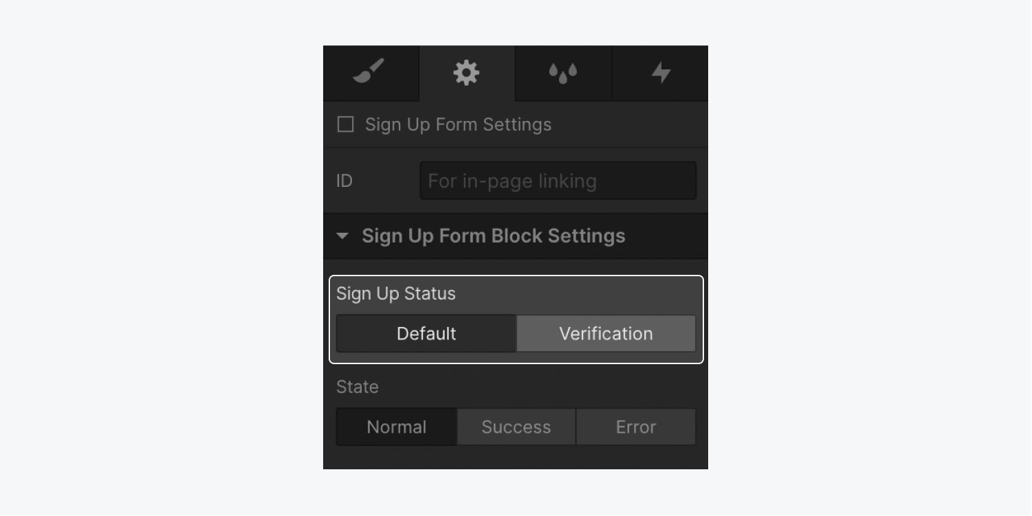 The sign up form block default status in the Settings panel.