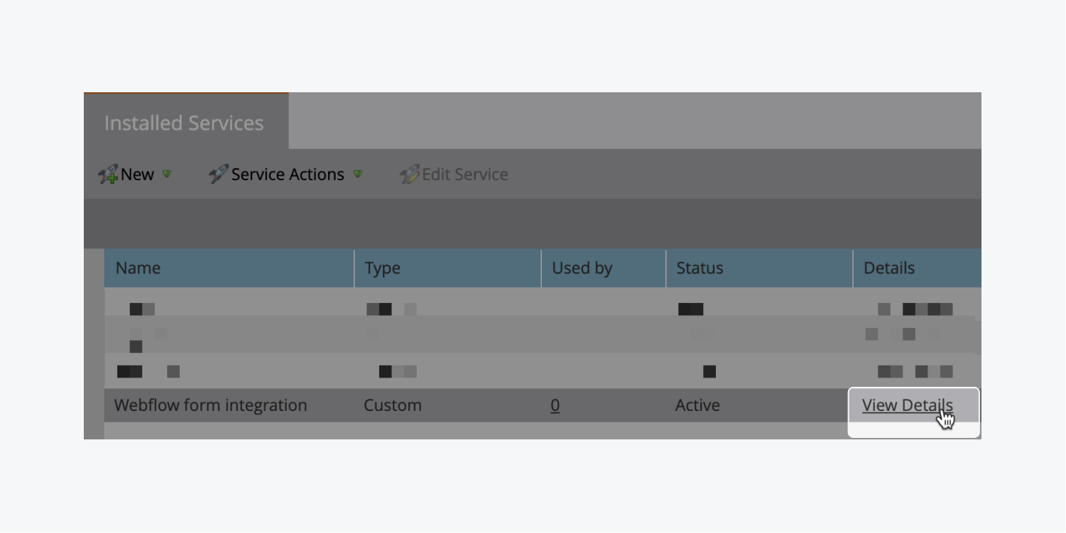 The “View details” link of a Marketo installed service is highlighted. 