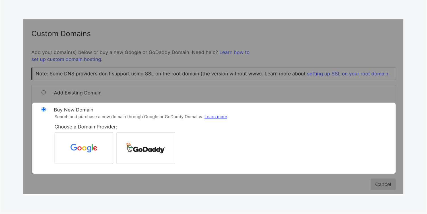 The “Buy new domain” option allows you to purchase a domain from Google or GoDaddy.