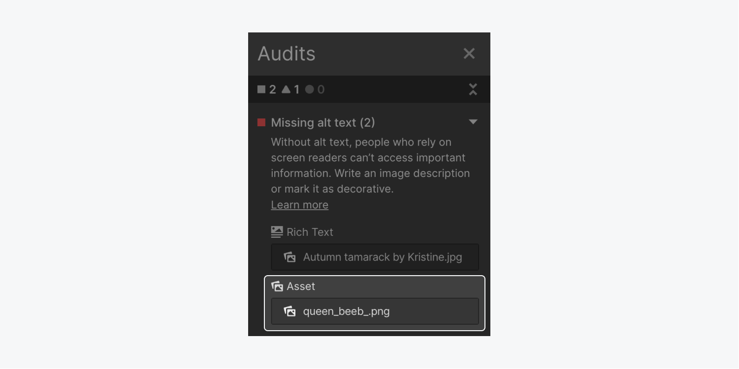 The Audit panel displays an image asset flagged as having missing alt text under the Asset grouping.