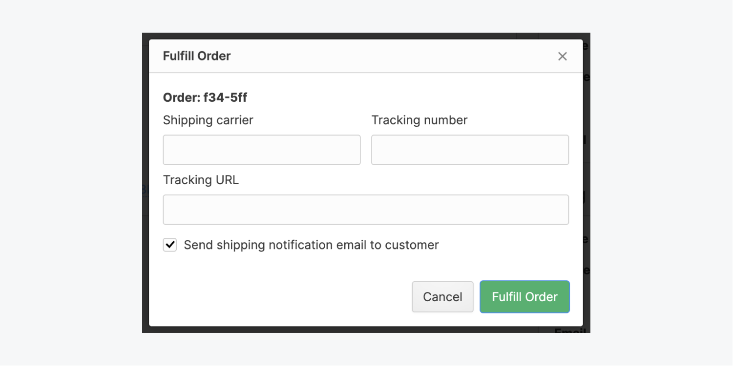 The Fulfill order modal in the Webflow Editor allows you to set the Shipping carrier, tracking number, tracking URL and whether you'll send your customer a shipping notification email.