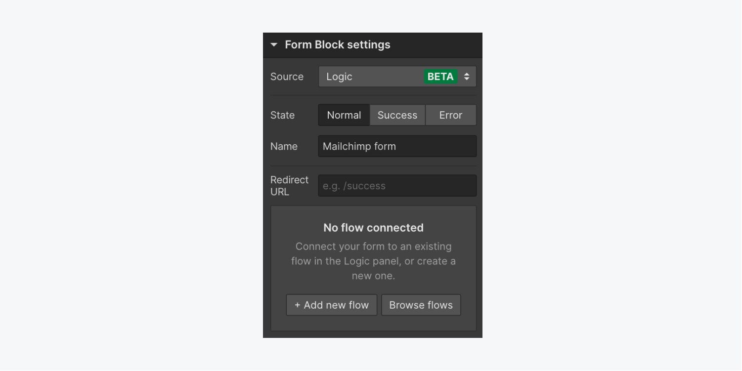 Options to Add a new flow or Browse flows appear in Form block settings when Logic is selected as the source.