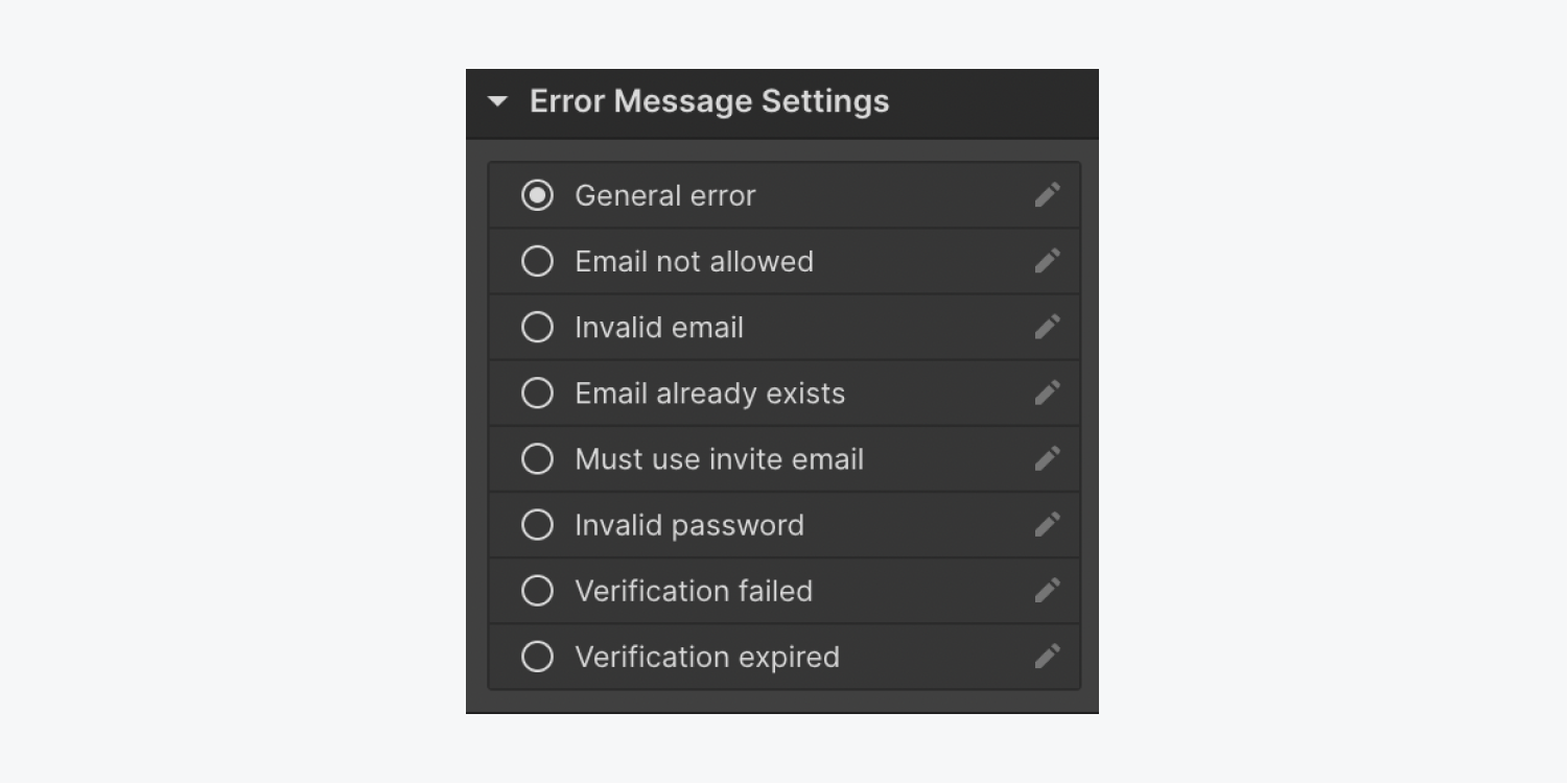 The Sign up form error messages in the Settings panel.