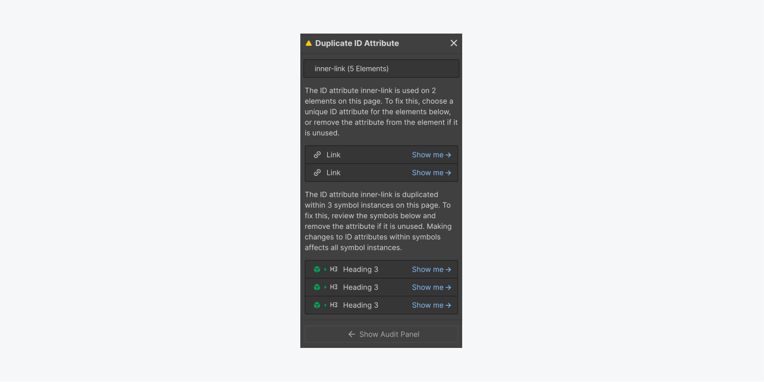 Expanded Audit panel menu highlighting all instances of the ID “inner-link” on elements and symbol instances. The ID is used on 2 Link elements and 3 H3 elements within symbols.