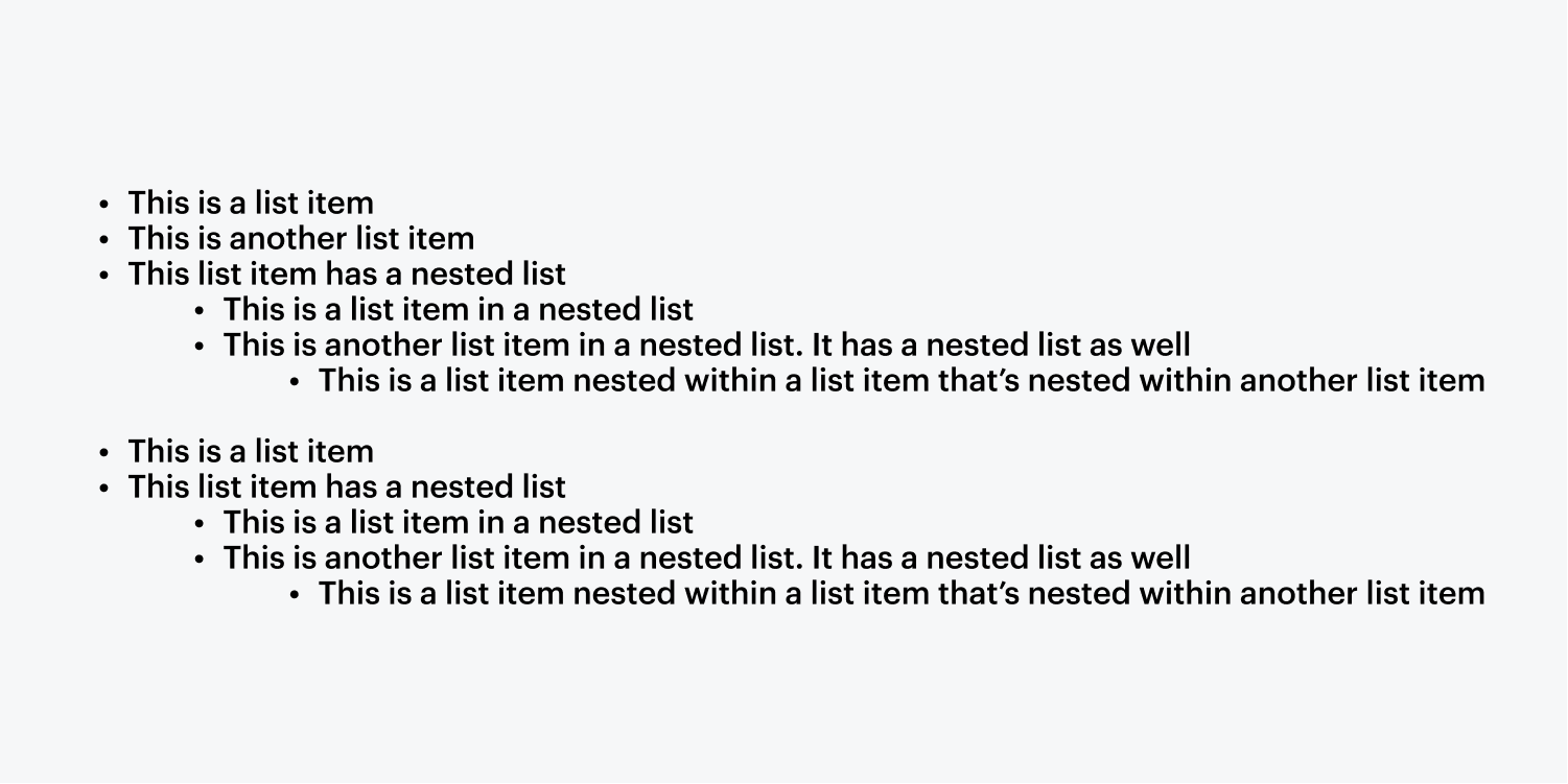 Nested lists inside of list items.