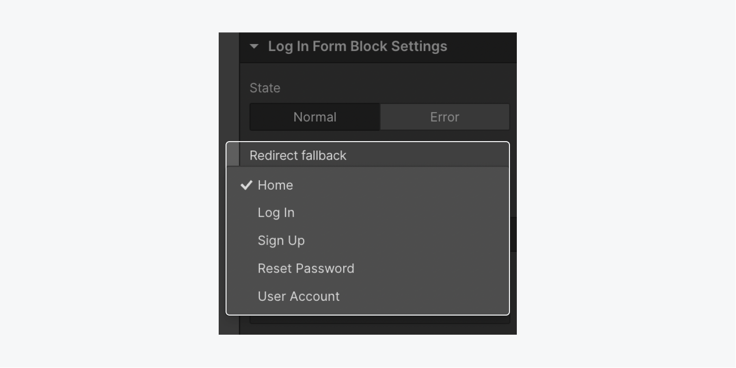 The redirect fallback dropdown in the log in form block settings.