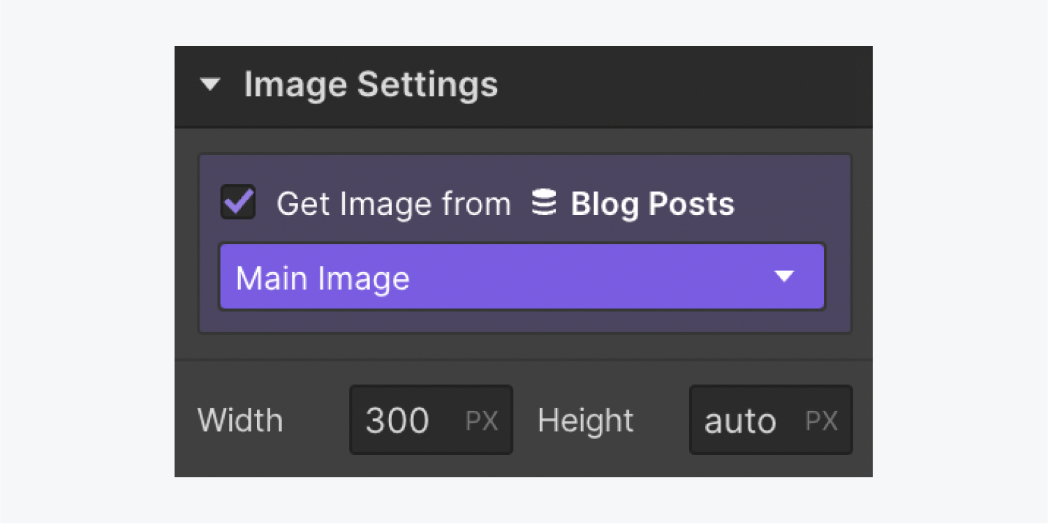 The “Get Image from Blog posts” checkbox is checked in Image settings and a “Main image” Collection field is chosen in the dropdown.