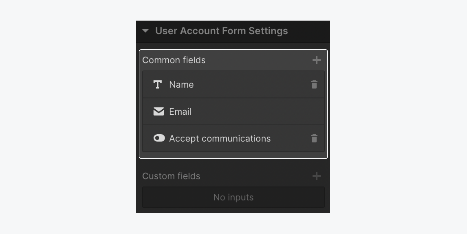 The User account form common fields (“name,” “email,” and “accept communications”) in the Settings panel.