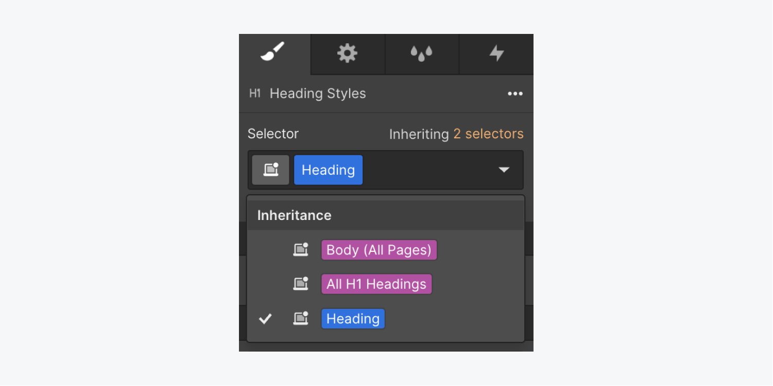 The inheritance menu is expanded under the Selector field in the Style panel. It shows that the selected H1 element is inheriting styles from the Body (All pages) tag, the All H1 headings tag, and the Heading class applied to the element.