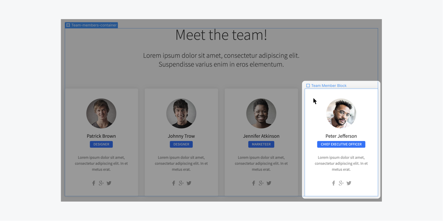 A team member profile card is highlighted on a project canvas. The users cursor is hovering over an element called Team Member Block. There is a blue outline surrounding the element to show it is going to be selected.