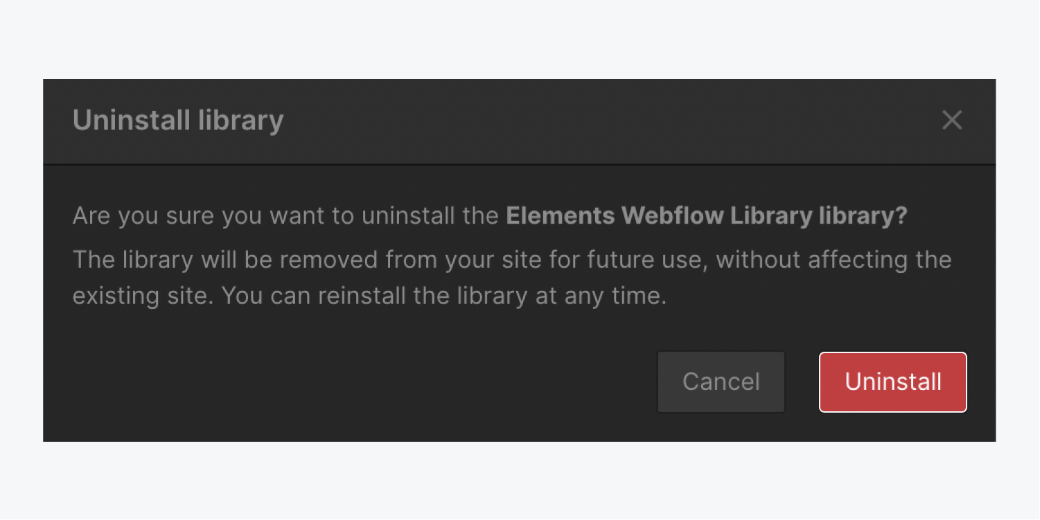 The “Uninstall” button is highlighted in the “Uninstall library” modal window.