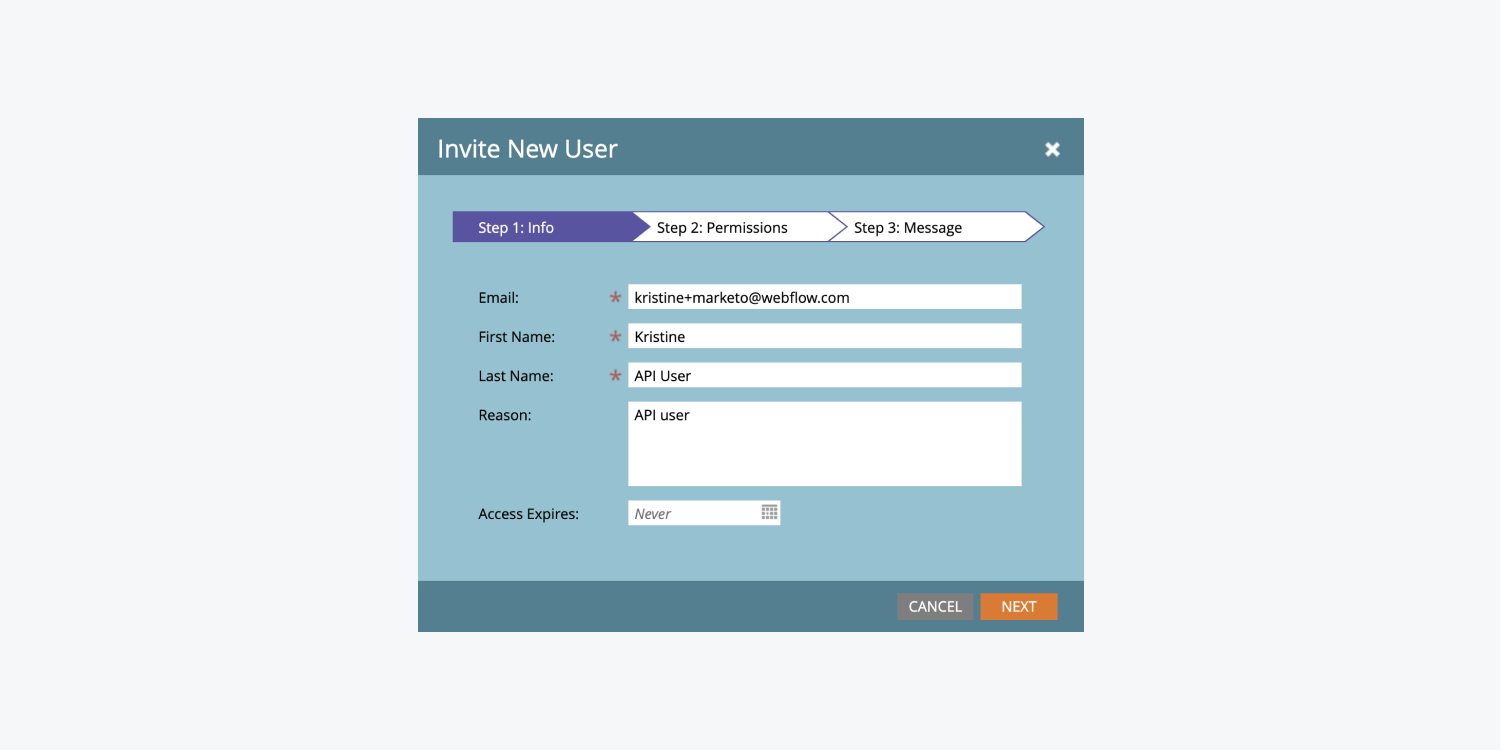 Step 1 of Marketo’s “Invite New User” modal displays fields to enter an email address, first and last names and a reason. 