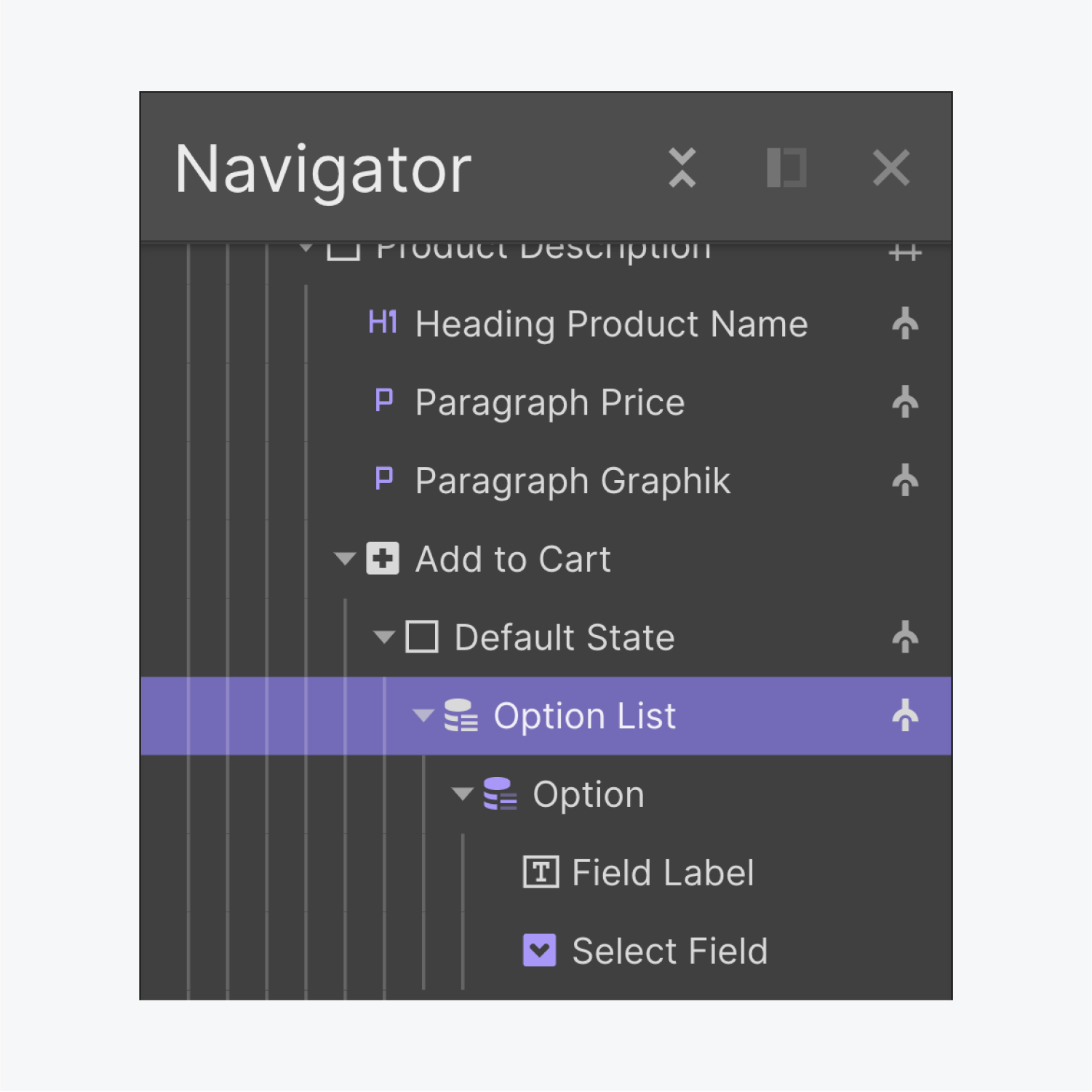 The Navigator includes a wrapper called Option List. This wrapper is selected and highlighted.