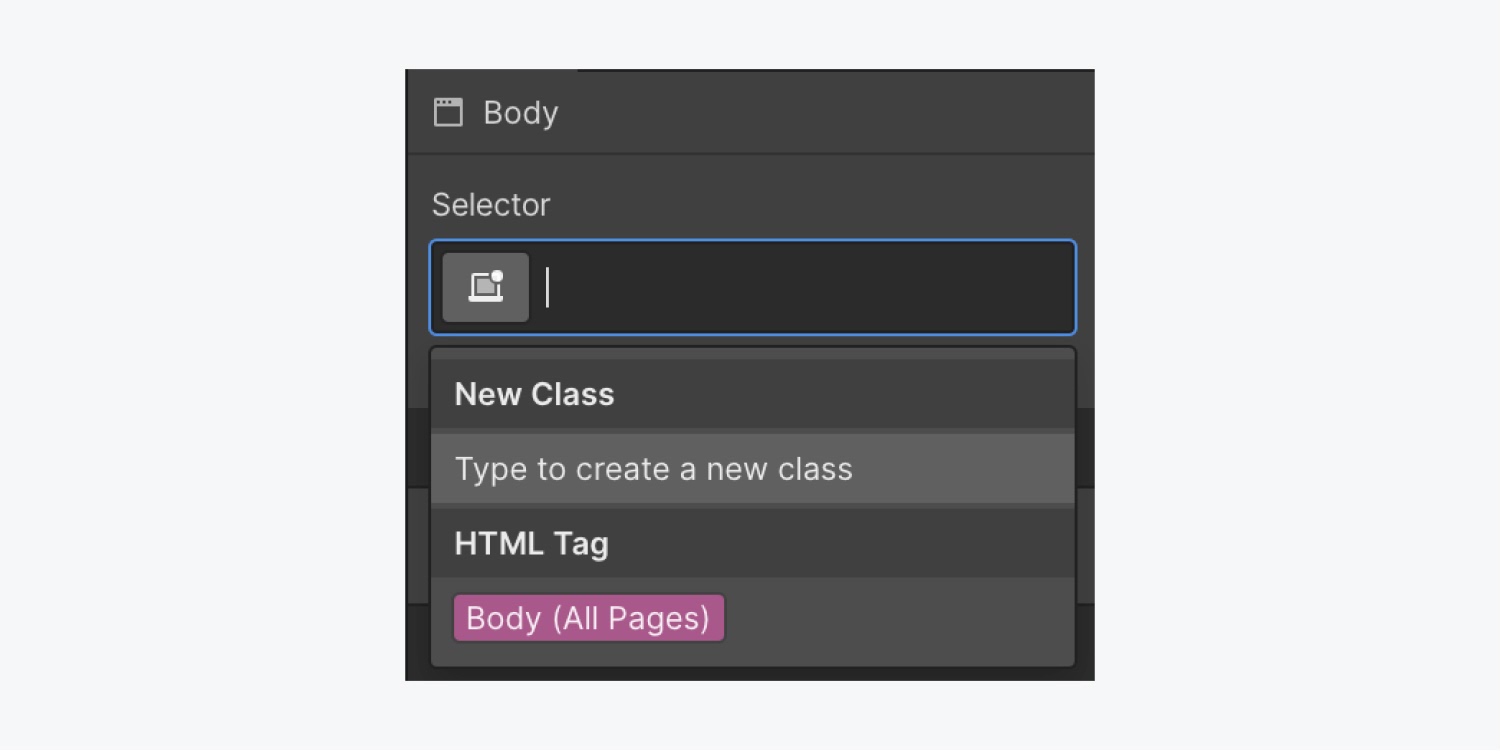 The Selector field is expanded to show the available Body (All pages) tag.