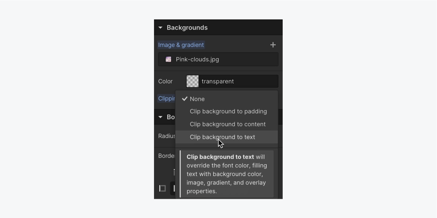 “Clip background to text” is selected under Clipping in the Style panel’s Backgrounds section to clip a background image to text.