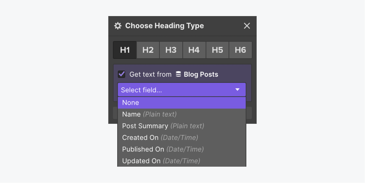 The “Select field” dropdown in the Element settings modal window, which shows 5 field options.